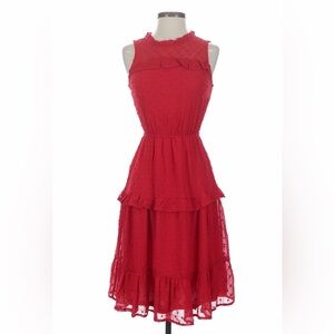 Monteau Vibrant Red Swiss Dot Ruffled Tiered Midi Dress